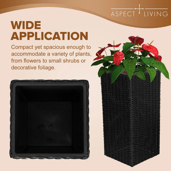 black woven planter Modern Black Wicker Planters – 2-Piece Square Planter Set – Fire Sense/Balkene Home
