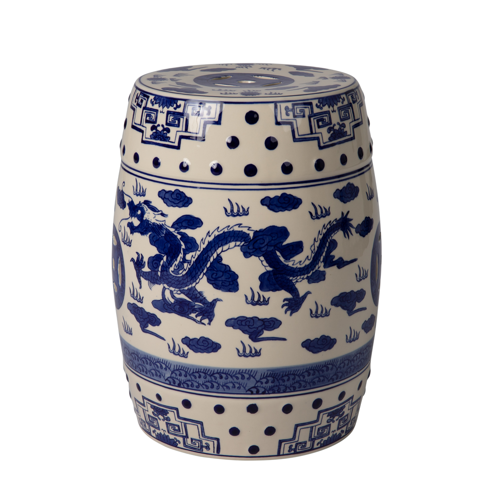 Double-Medallion Dragon-Embellished Ceramic Indoor/Outdoor Garden Stool/Table in Blue & White
