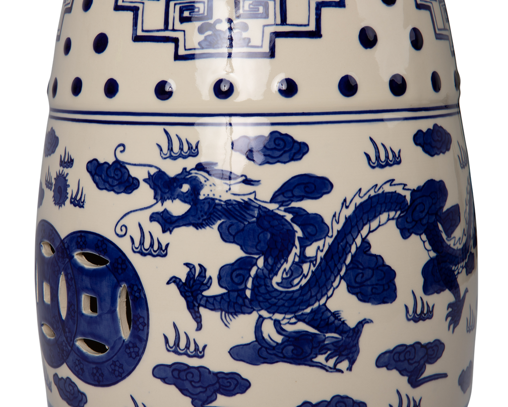 Double-Medallion Dragon-Embellished Ceramic Indoor/Outdoor Garden Stool/Table in Blue & White