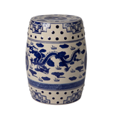 Double-Medallion Dragon-Embellished Ceramic Indoor/Outdoor Garden Stool/Table in Blue & White Balkene Home