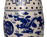 Double-Medallion Dragon-Embellished Ceramic Indoor/Outdoor Garden Stool/Table in Blue & White Balkene Home