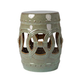 Large Medallion Ceramic Indoor/Outdoor Garden Stool/Table in Olive Jade Green Balkene Home