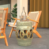 Large Medallion Ceramic Indoor/Outdoor Garden Stool/Table in Olive Jade Green Balkene Home